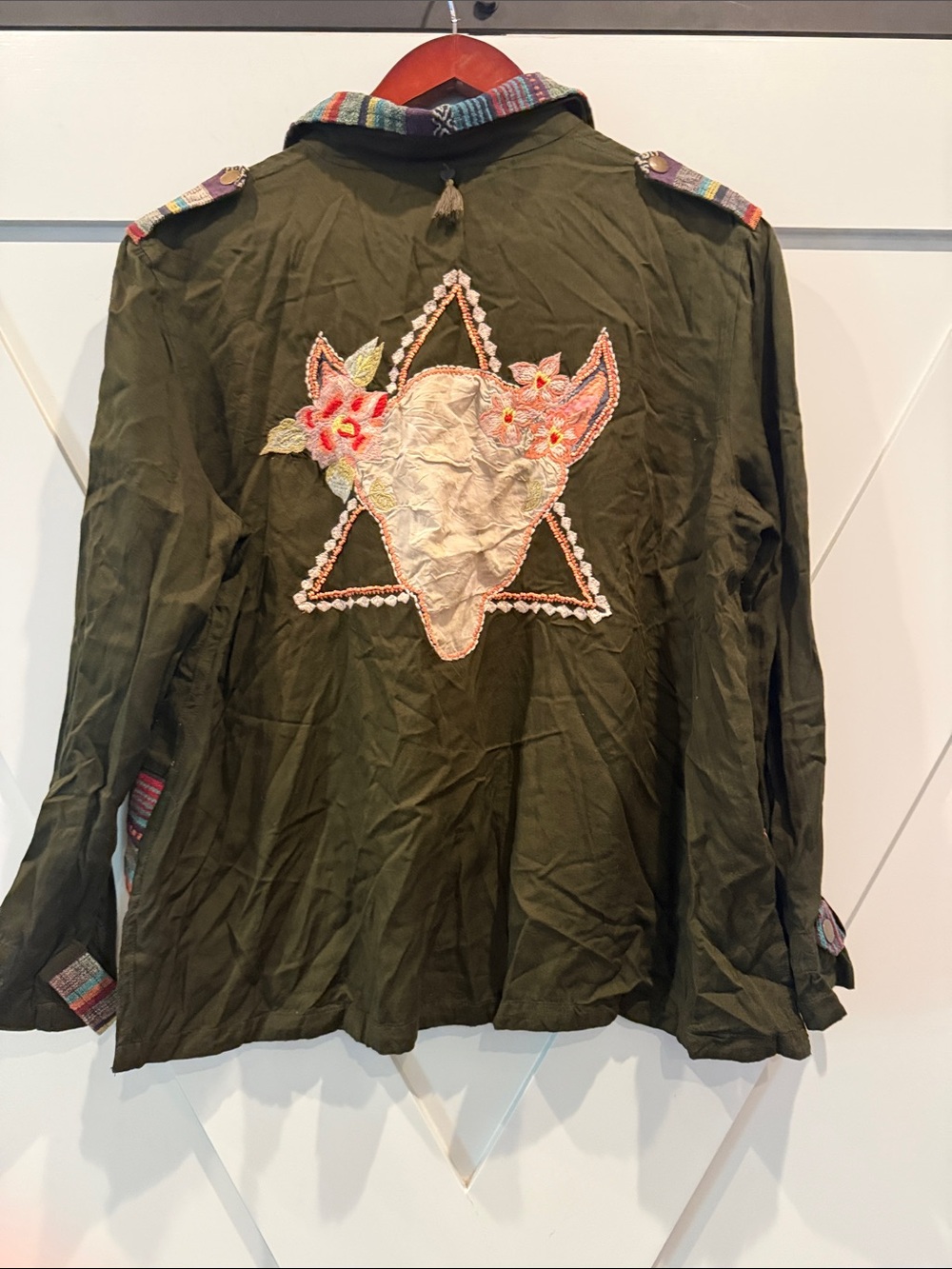 Olive Green Embroidered Utility Jacket with Multicolor Trim - Picture 7 of 13